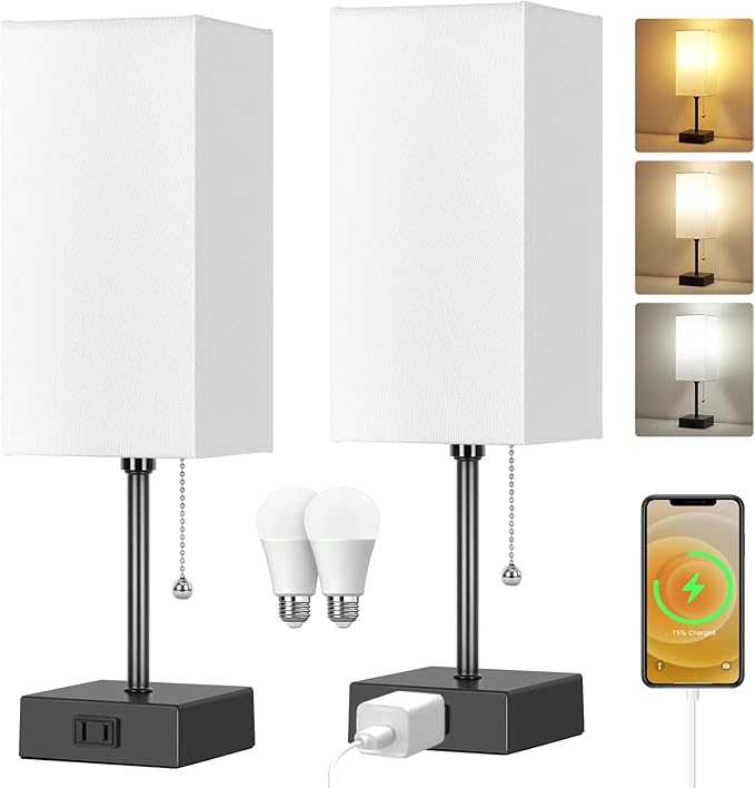 Dott Arts Table Lamp for Bedroom Set of 2,Minimalist Bedside Lamps with AC Outlets，Night Light 2700K 4000k 5000K Small Nightstand Lamps for Living Room Kids Room Office(Bulbs Included) - Bloomnest