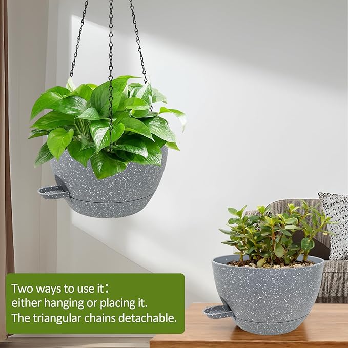WOUSIWER Self Watering Hanging Planters, 2 Pack 10'' Plastic Pots with Drainage Holes & Reservoir Tray (Speckled Grey) | Indoor & Outdoor Use for Ferns, Ivy, Herbs, Succulents - Bloomnest