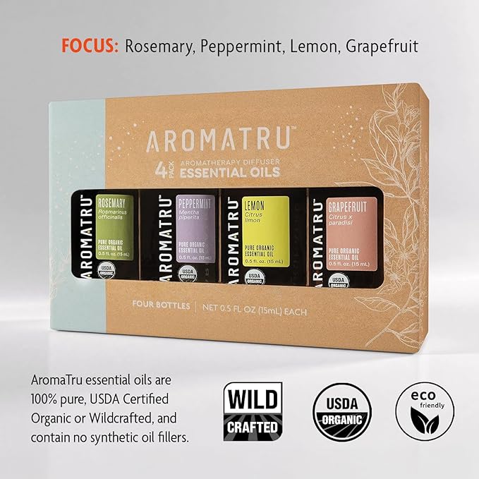 Focus Essential Oil Kit – Rosemary, Peppermint, Lemon, and Grapefruit – Organic & Wildcrafted – ISO Certified – No Synthetic Fillers – Ethically Sourced - Bloomnest