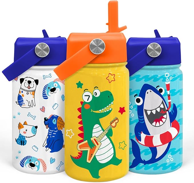 SANDJEST Dinosaurs Water Bottle - Dino Kids Water Bottle with Straw Lid - 12 Oz Insulated Stainless Steel Water Bottles for Kid Boys - Travel Cup for School Sports - Bloomnest