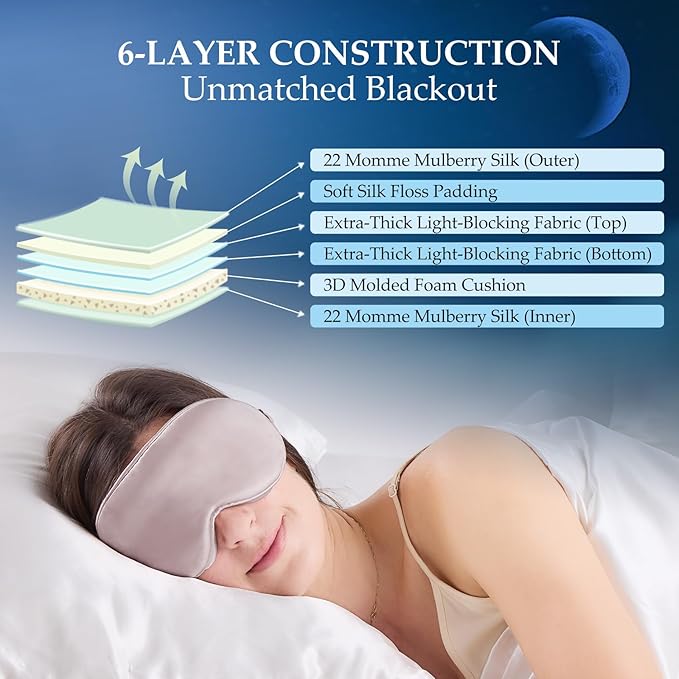 100% 22 Momme Mulberry Silk Sleep Mask with Adjustable Strap, 3D Contoured Cup Silk Eye Mask for Sleeping, Total Black Out, Dusty Purple - Bloomnest