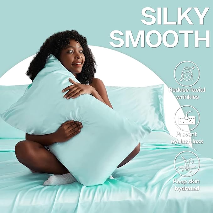 MR&HM Satin Pillowcase for Hair and Skin, Silk Satin Pillowcase 2 Pack, Queen Size Pillow Cases Set of 2, Silky Pillow Cover with Envelope Closure (20x30, Turquoise) - Bloomnest