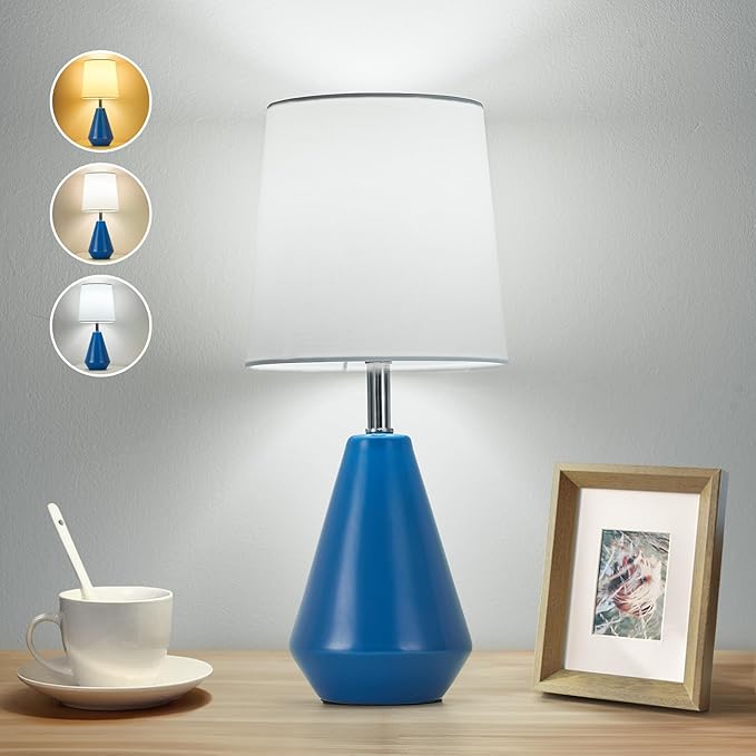 Small Bedside Table Lamp for Bedroom - Reading Desk Lamp with 3 Color Temperatures，15.5" Nightstand Ceramic Lamp with Fabric Shade for Kids Room,Living Room,Dorm,Home Office (Blue+White) - Bloomnest