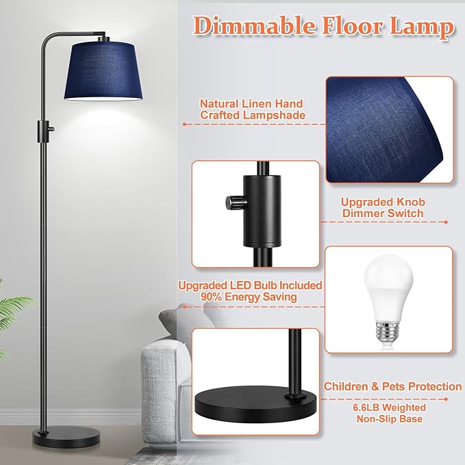 Nintiue 【Upgraded】 Dimmable Floor Lamp, 1000 Lumens LED Edison Bulb Included, Modern Arc Standing Tall Floor Lamp for Living Room Bedroom Office Dining Room - Blue - Bloomnest