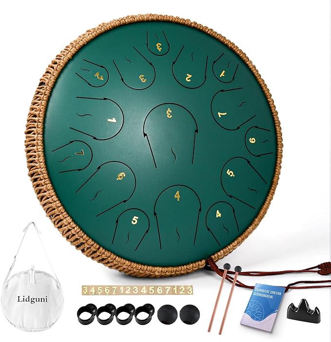 Steel Tongue Drum - 14 Inch 15 Note Tongue Drum - Hand Pan Drum with Music Book, Handpan Mallets and Carry Bag, C Major, Green - Bloomnest