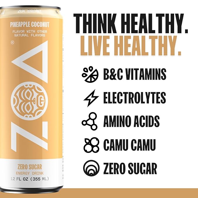 ZOA Zero Sugar Energy Drinks, Pineapple Coconut - Sugar Free with Electrolytes, Healthy Vitamin C, Amino Acids, Essential B-Vitamins, and Caffeine from Green Tea - 12 Fl Oz (12-Pack) - Bloomnest