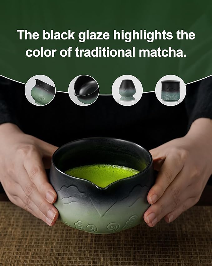 ZENS Matcha Whisk Set, 7pcs Matcha Kit Set with Ceramic Bowl and Matcha Cup, Bamboo Whisk & (Chasen Holder) Sifter, Scoop -Tea Towel, Japanese Chawan for Matcha-Making, Sage Green - Bloomnest