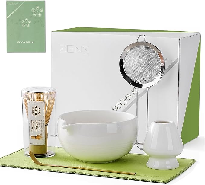 ZENS Matcha Whisk Set, 6pcs Matcha Kit Includes Ceramic Bowl, Handcrafted Bamboo Whisk and Chasen Holder, Scoop, 304 Sifter & Tea Mat，Matcha Set for Tea Ceremony,Latte Making, White - Bloomnest