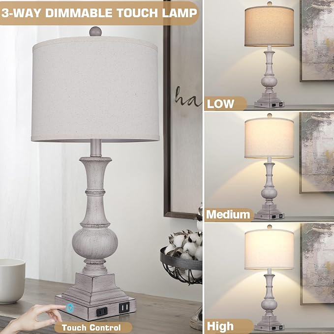 26" Farmhouse Table Lamps Set of 2, Rustic Touch Control Bedside Lamps with 2 USB Ports & AC Outlet, Vintage Resin 3-Way Dimmable Nightstand Lamp Linen Fabric Shade for Living Room Bedroom Decor Gray - Bloomnest