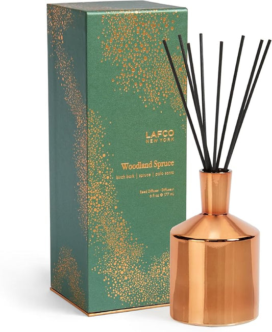 LAFCO New York Holiday Reed Diffuser, Woodland Spruce - 6 oz - Up to 3 Months Fragrance Life - Reusable Glass Vessel - Natural Wood Reeds - Made in The USA