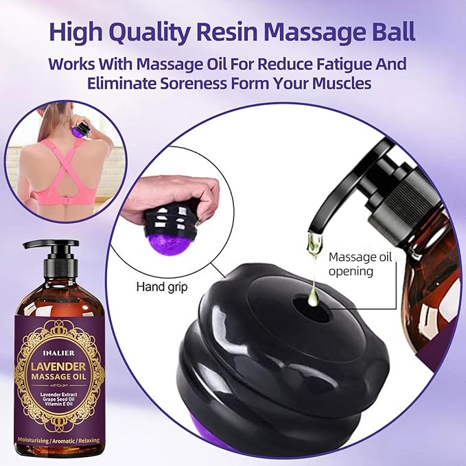 Massage Oil for Massage Therapy,﻿Lavender Oil with Massage Roller Ball & Thumb Saver Massager,SPA Relaxing Massage Oi for Soothing,Massage Kit Spa Gifts for Him Her,Gifts for Men Women - Bloomnest