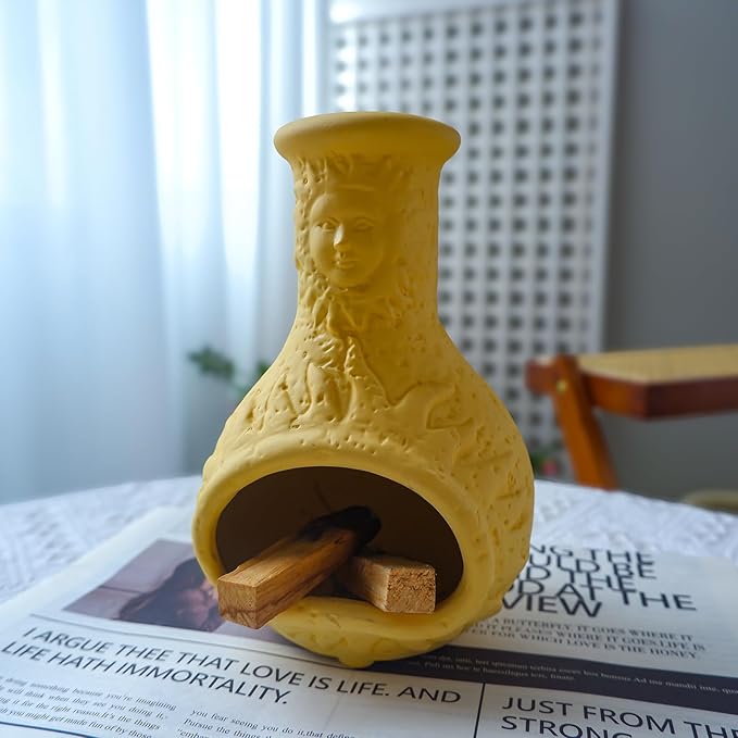 Palo Santo Burner Holder,Yellow Mini Chiminea with Chimney Handmade Smudge Bowl fits sage, Incense Cones, Sticks, Small Candle; with ash Collection. Great for Zen Meditation, Altar Fireplace - Bloomnest