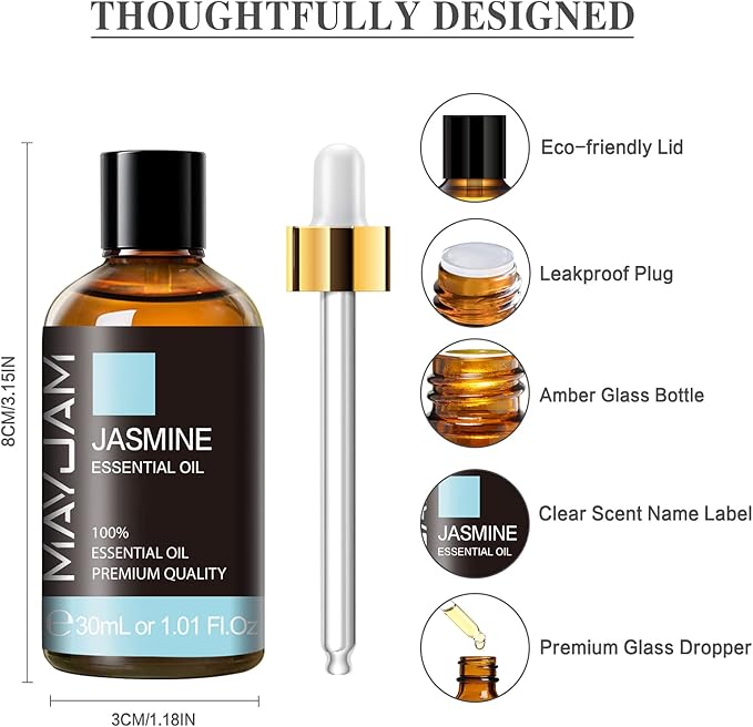 Jasmine Essential Oil 30ML/ 1.01FL.OZ, MAYJAM Pure Jasmine Oil Aromatherapy Essential Oil for Massage, DIY Soap, Ideal for Home Yoga Use - Bloomnest