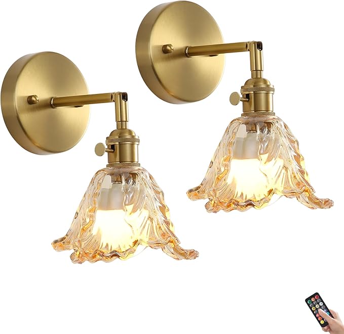 2 Pack Vintage Battery Operated Wall Sconces, Cabbage Amber Lampshade & 180 Degree Adjustable, Wireless Rechargeable RGB Wall Light with Remote Control, for Bedroom Living Room Hallway Aisle - Bloomnest