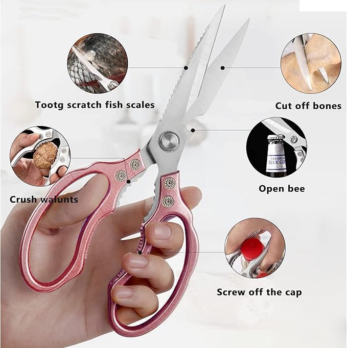 AWinjoy Kitchen Scissors, Heavy Duty Sharp Shears Dishwasher Safe, Rose Gold Cooking Accessories for Meat, Chicken, Fish, Poultry, Herb, Bread - Bloomnest