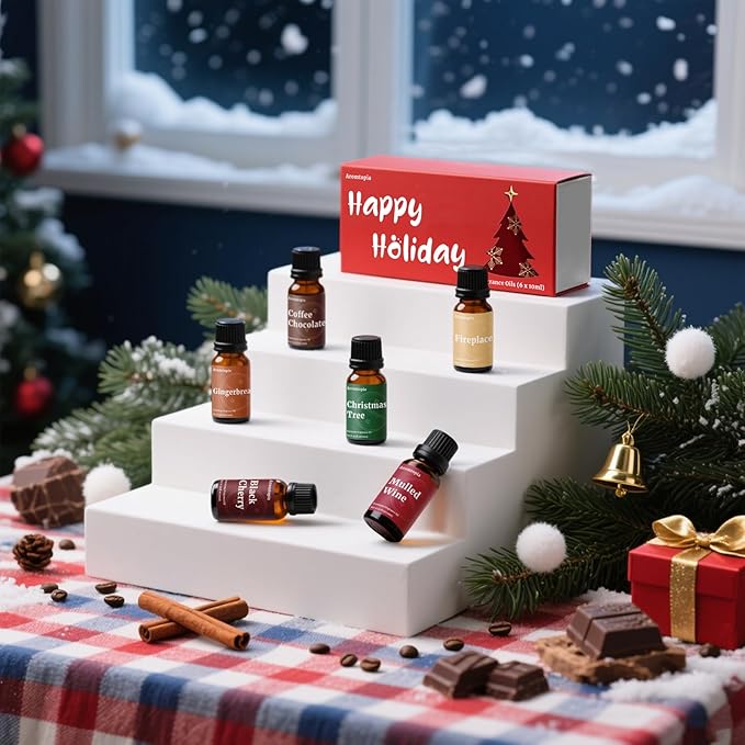 Fragrance Oil Holiday Set, Aromtopia Essential Oils for Candle Soap Making, 6x10ml, Diffuser Oils Scents, Winter Fragrance Oils, Christmas Tree, Coffee Chocolate, Black Cherry, More - Bloomnest