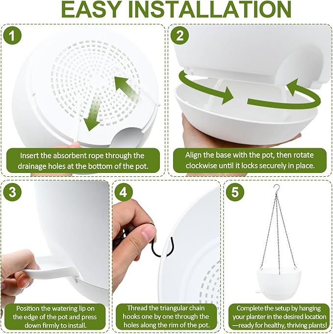 WOUSIWER Self Watering Hanging Planters, 2 Pack 12'' Plastic Pots with Drainage Holes & Reservoir Tray (White) | Indoor & Outdoor Use for Ferns, Ivy, Herbs, Succulents - Bloomnest