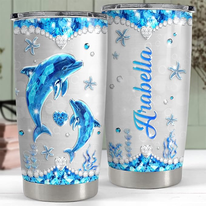 SANDJEST Personalized Dolphin Tumbler Jewelry Drawing Style Stainless Steel 20oz 30oz Insulated Cup Coffee Travel Mug Dolphins Tumblers Christmas Birthday For Women Girl Friend Cups Gift - Bloomnest