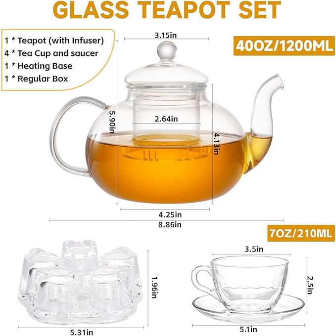Glass Teapot Set, 40OZ/1200ml Stovetop Safe Glass Tea Kettle with Removable Infuser & Tea Warmer, Tea Cups and Saucers Set of 4, Blooming Tea & Loose Leaf Tea Maker Set for Women - Bloomnest