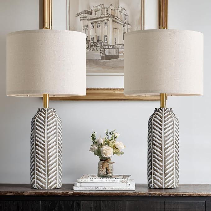 BOBOMOMO 26" Retro Farmhouse Lamps Set of 2 - Vintage Leaf Design, Living Room Lamps with Linen Shades, Rustic Resin Lamp for Bedroom, Living Room, Nightstand, Entryway, Nursery, Wood Grain - Bloomnest