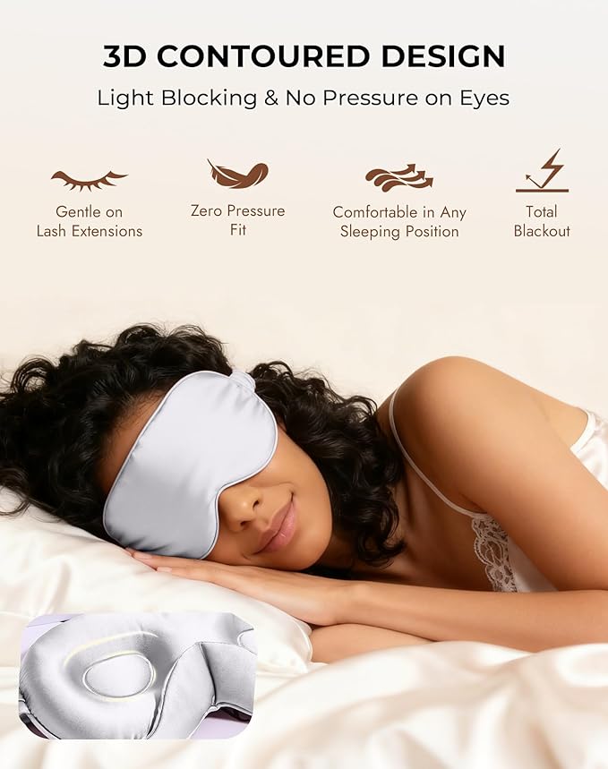 SilkSilky 100% 22 Momme Mulberry Silk Sleep Mask – Upgraded 3D Contoured Eye Mask with Nose Wing Pads & Adjustable Strap, Luxury Blackout Eye Cover for Women & Men (Light Gray) - Bloomnest