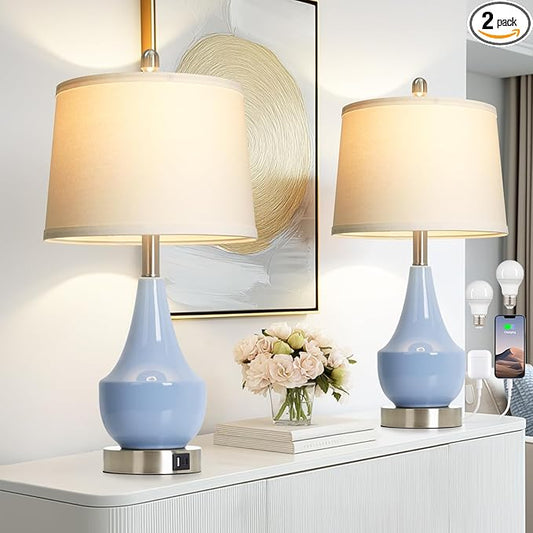 Modern Blue Table Lamp Set of 2, 24" Ceramic Table Lamp with USB A+C Ports,Classic Beside Lamps Nightstand Lamp Modern Lamp for Living Room, Bedroom & Office -LED Bulbs Included - Bloomnest