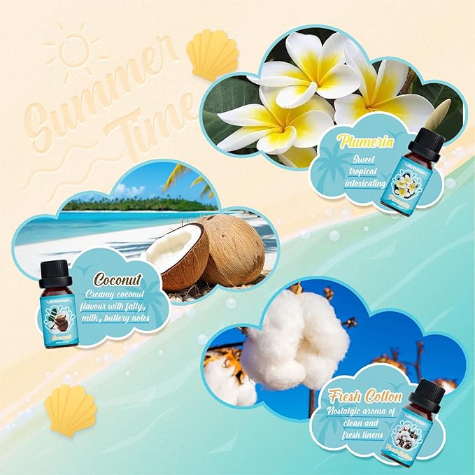 Summer Essential Oils Set, ARVIDSSON Tropical Fragrance Oil for Candle Making, Diffuser Scented Oil - Ocean Breeze, Pina Colada, Fresh Cotton, Pink Island, Plumeria, Coconut - Bloomnest