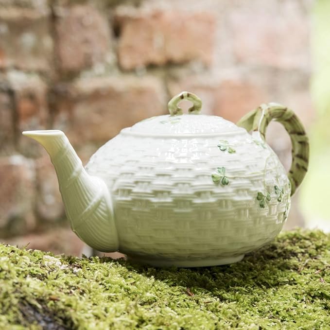 Belleek Classic Shamrock Fine Parian China Tea Pot - 35 oz Irish Handmade Loose Leaf Teapot - Microwave Safe Ceramic Tea Pot - Porcelain Teapot for Tea Service, Decorative Teapots & Coffee Servers - Bloomnest