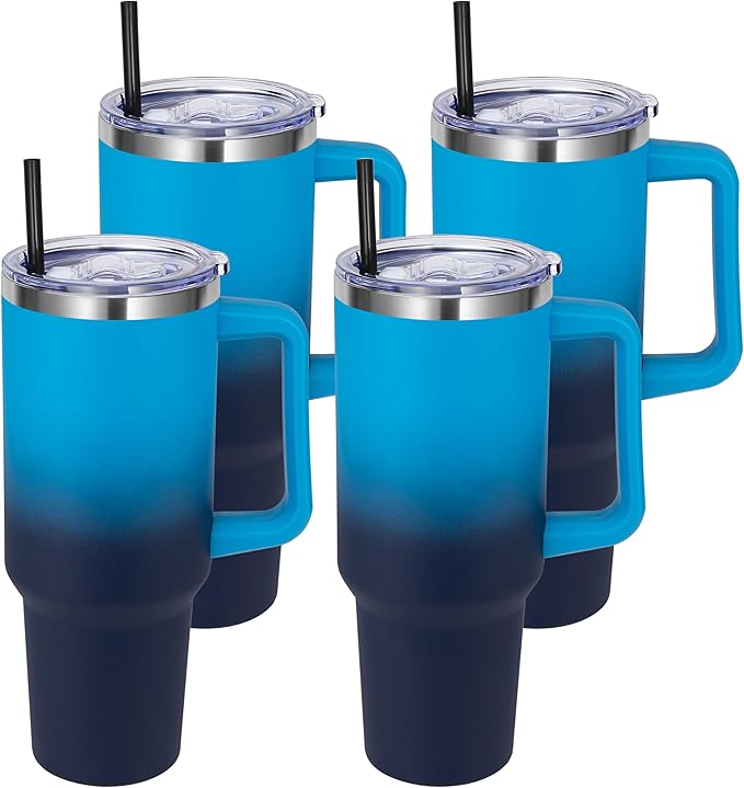 DOMICARE 40 oz Tumbler with Handle and Straw, Stainless Steel Tumbler with Lid and Straw, Reusable Vacuum Insulated Cup, Travel Coffee Mug, Blue Gradient, 4Pack - Bloomnest