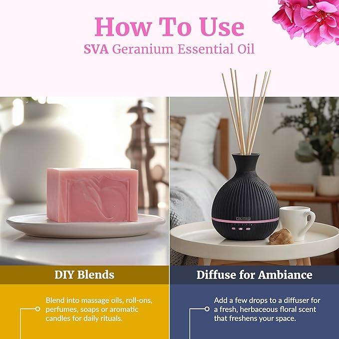 SVA Geranium Essential Oil Organic – 1 Fl Oz – 100% Natural Organic Geranium Oil - for Diffuser, Hair Care, Face, Skin Care, Aromatherapy, Scalp and Body Massage, Soap and Candle making – with Dropper - Bloomnest