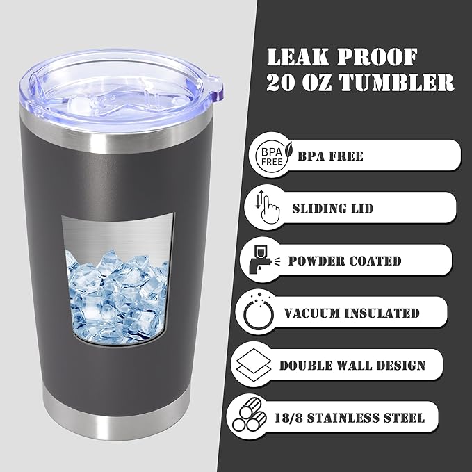 20 oz Tumbler with lid Double Wall Vacuum Insulated Tumblers Stainless Steel Coffee Mug Travel Coffee Tumbler Powder Coated Tumbler Cup Keep Hot&Cold - (Grey 12 Pack)