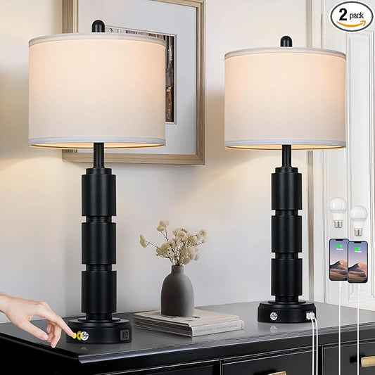 Set of 2 Modern Table Lamps for Living Room Bedroom,29" Tall Bedside Lamp with 2 USB Port,Black Metal Touch Nightstand Lamp for Desk End Side Table Entryway,Black - Bloomnest