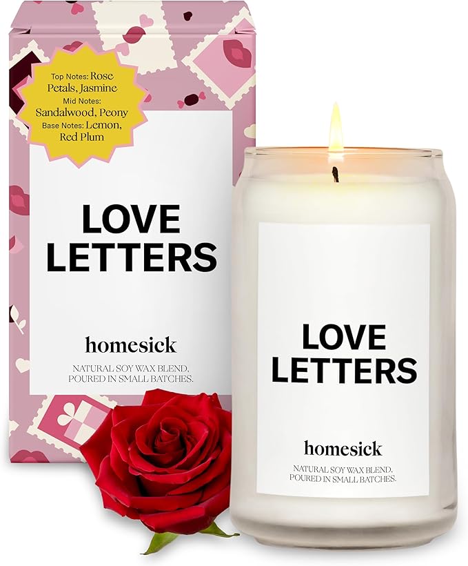 Homesick Scented Candles for Home (Love Letters) - 13.75 oz Natural Long-Lasting Soy Wax Blend Jar Candle Gifts for Women & Men, 60-80 Hours Burn Time - Notes of Rose, Jasmine & Peony - Bloomnest