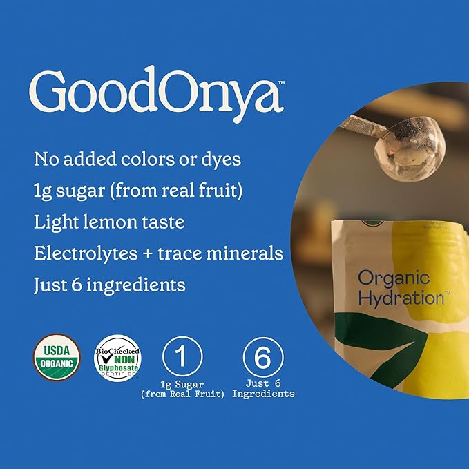 GOODONYA Organic Hydration Electrolyte Drink Mix, Certified Organic Hydration Powder, Non-GMO, Biochecked Glyphosate Free, Low Sugar, Lemonade Flavor, No Artificial Flavors, 42 Servings - Bloomnest