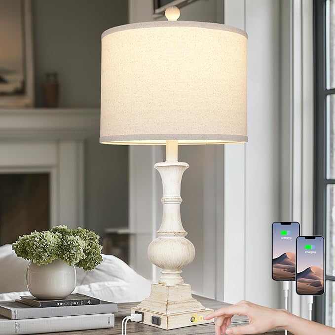 26" Farmhouse Table Lamp, Vintage Rustic Touch Control Bedside Lamp with 2 USB Ports & AC Outlet, Boho Resin 3-Way Dimmable Nightstand Lamp Linen Fabric Shade for Living Room Bedroom End Table White - Bloomnest