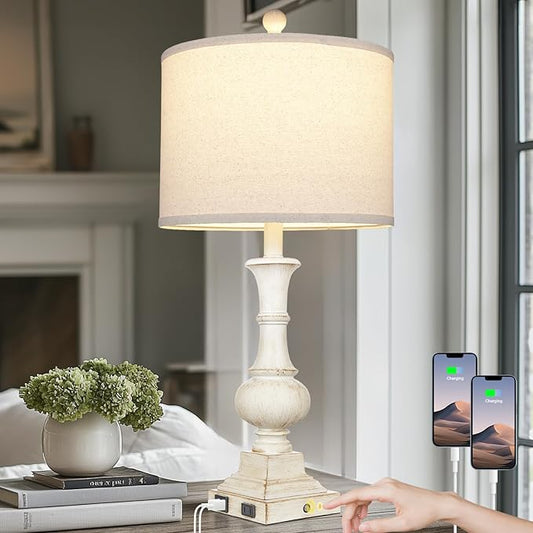 26" Farmhouse Table Lamp, Vintage Rustic Touch Control Bedside Lamp with 2 USB Ports & AC Outlet, Boho Resin 3-Way Dimmable Nightstand Lamp Linen Fabric Shade for Living Room Bedroom End Table White - Bloomnest