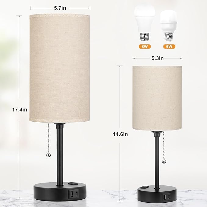 Dicoool 17Inch Tall Bedroom Lamps with USB C and A Ports 3 Color Temperatures - Pull Chain Beige Nightstand Bedside Table Lamp with AC Outlet, Side Lamp for Living Room End Table - Bloomnest