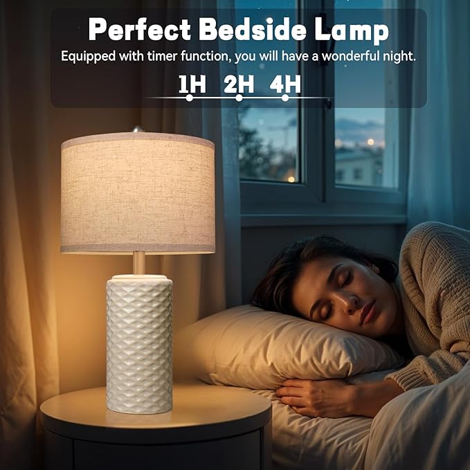 23" Bedside Lamps Set of 2, Dimmable Ceramic Table Lamps for Night Stands Modern Farmhouse Bedroom Lamps with Timer, Nightstand Table Lamps for Living Room End Table, Beige, LED Bulb Included - Bloomnest