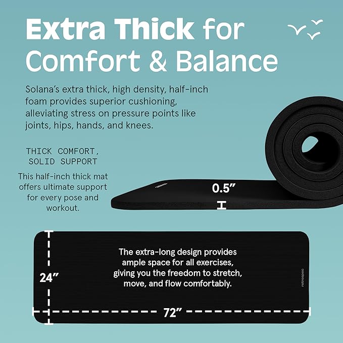 Retrospec Solana Yoga Mat 1/2" Thick w/Nylon Strap for Men & Women - Non Slip Exercise Mat for Yoga, Pilates, Stretching, Floor & Fitness Workouts - Bloomnest