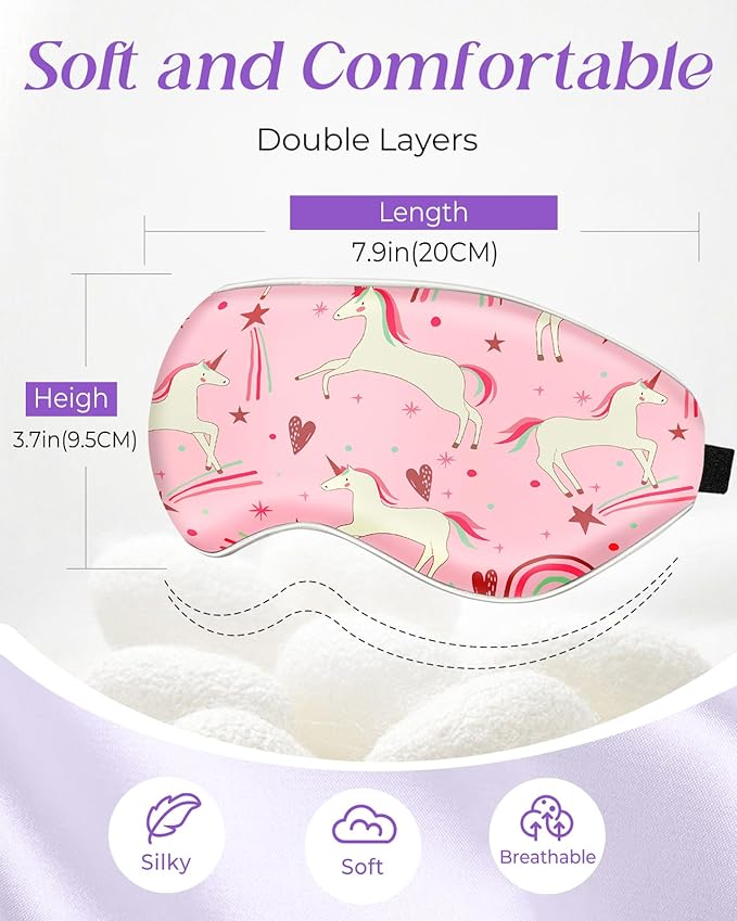 Sleep Mask for Kids - Cute Kawaii Cartoon Silk Sleeping Mask with Adjustable Strap Soft Smooth Light Eye Mask for Sleeping Silk Kids Eye Cover for Boys Girls Teens, PK Heart Unicorn - Bloomnest