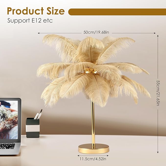 MAYOLA Modern Ostrich Feather Table Lamp with Plug in Wire,3-Light Bedside Floor Lamp for Living Room, Bedroom and Office 24” Tall Feather Desk Lamp (Ostrich Color, Table Lamp-Metal) - Bloomnest