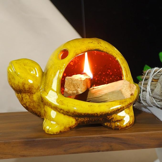 Yellow Ceramic Turtle Palo Santo Burner Holder-Mini Chiminea Incense Dish for Burning Smudge Sticks、Sage、Aromatic Santos、 Incense Cones Fits Altar &Zen Spaces,Unique Gift for Friends & Family MOUGIGI