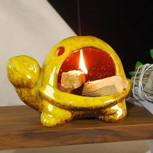 Yellow Ceramic Turtle Palo Santo Burner Holder-Mini Chiminea Incense Dish for Burning Smudge Sticks、Sage、Aromatic Santos、 Incense Cones Fits Altar &Zen Spaces,Unique Gift for Friends & Family MOUGIGI