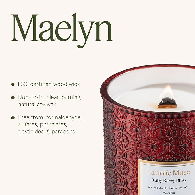 LA JOLIE MUSE Ruby Berry Bliss Scented Candle – Mandarin, Cranberry & Plum | 19 oz Festive Fall Candle | Wooden Wick | Clean Burn & Vibrant Scent | Fun Gift for Hosts & Fall Tablescapes - Bloomnest