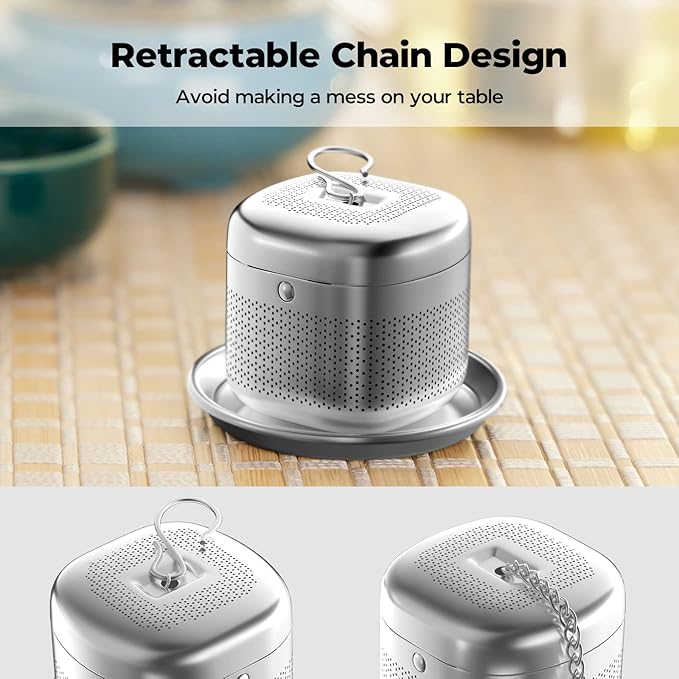 Reinmoson Tea Balls for Loose Tea, 304 Stainless Steel Extra Fine Mesh Tea Infusers for Loose Tea, Retractable Chain Design Tea Strainers for Loose Leaf Tea Single Cup, Come with 1 Saucer - Bloomnest