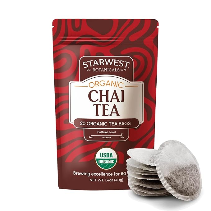 Starwest Botanicals Organic Chai Tea - Caffeinated Herbal Blend with Black Tea & Cinnamon, String Free Sachets, USDA Organic, Non GMO - 20 Tea Bags - Bloomnest