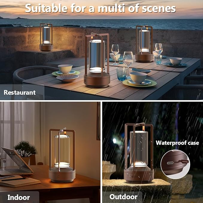 Cordless Portable Table Lamp Rechargeable for Indoor/Outdoor, 3000mAh Small Battery Powered Operated Lights, 3 Color Modes Dimmable Waterproof, LED Desk Lamp for Restaurant/Bedroom/Camping (Brown) - Bloomnest