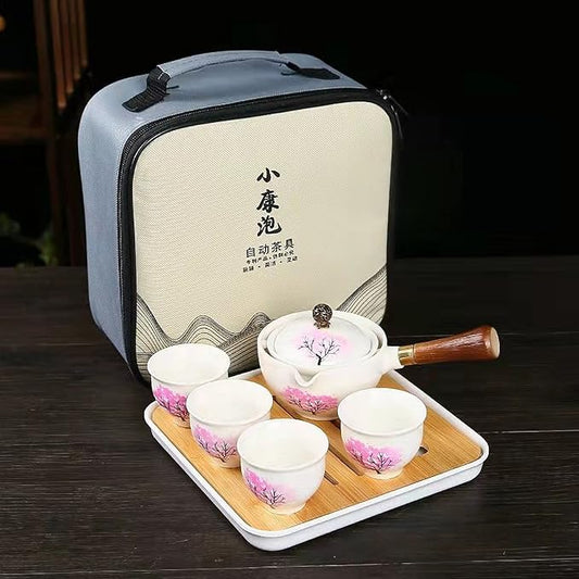 Ceramic Portable Travel Tea Set, Chinese Kungfu Tea Set with 360 Rotation Teapot and Infuser, 4 Tea Cups, Tea Tray And Travel Bag (Cherry Blossoms)