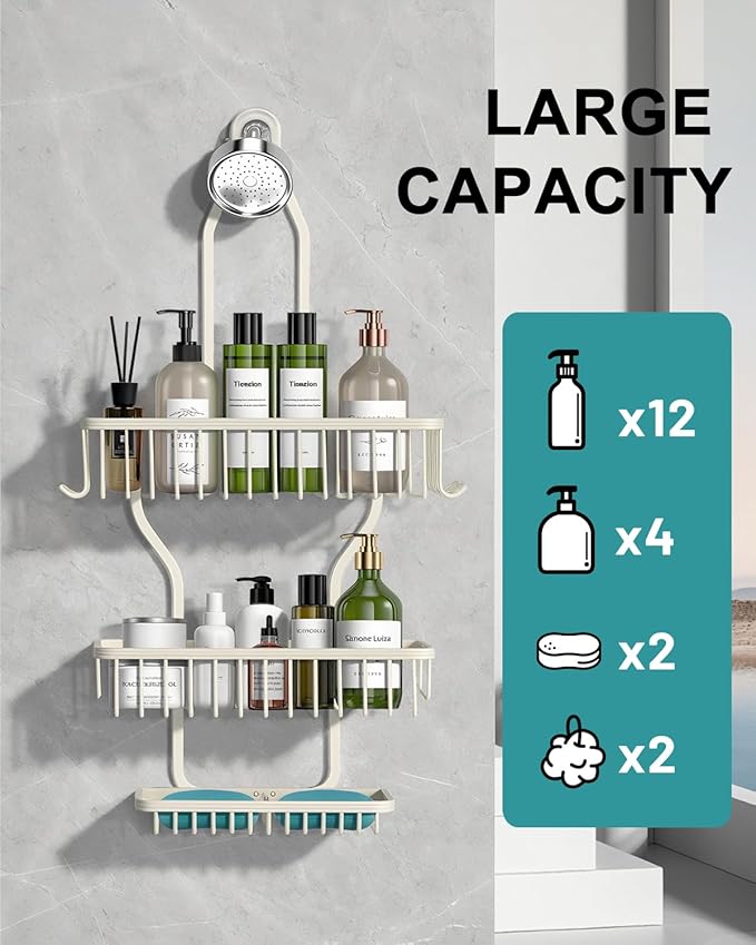 Shower Caddy Hanging - Never Rust Shower Hanging Organizer - Aluminum Over the ShowerHead Caddy with Soap Basket and 6 Hooks for Razor/Sponge (Milky White) - Bloomnest