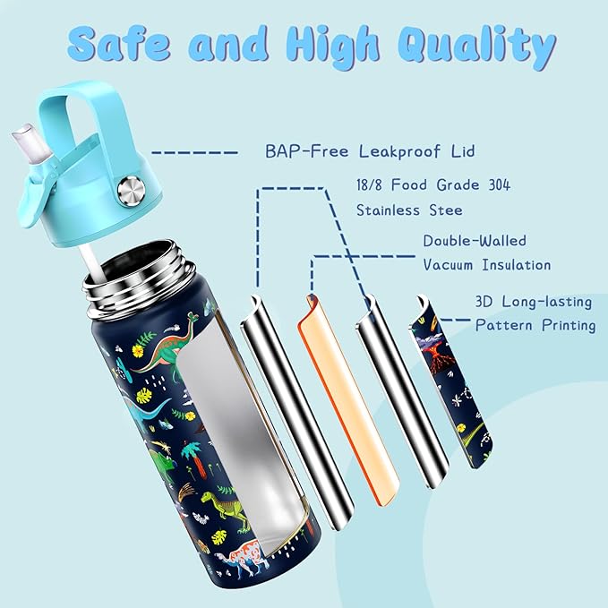 18oz Kids Insulated Water Bottle with Straw Lid - 18/8 Stainless Steel Kid Cup BPA-FREE Travel Tumbler Double Wall Vacuum Leak Proof Portable Toddler Water Bottle (Dinosaur) - Bloomnest